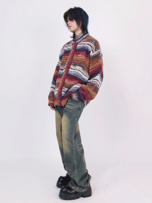 Mz American vintage gradient stripe cardigan sweater men's autumn winter couple contrast niche languid style knit jacket