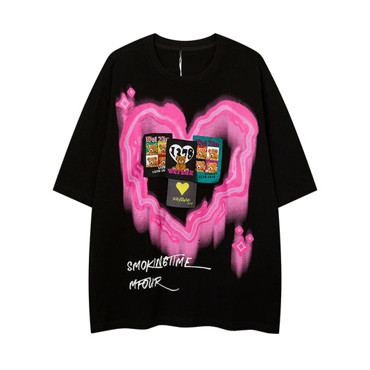 VEG Dream Original Design Bear Patch, Love Graffiti Print, Men's Fashion Brand, Couple Loose Short Sleeve T-Shirt