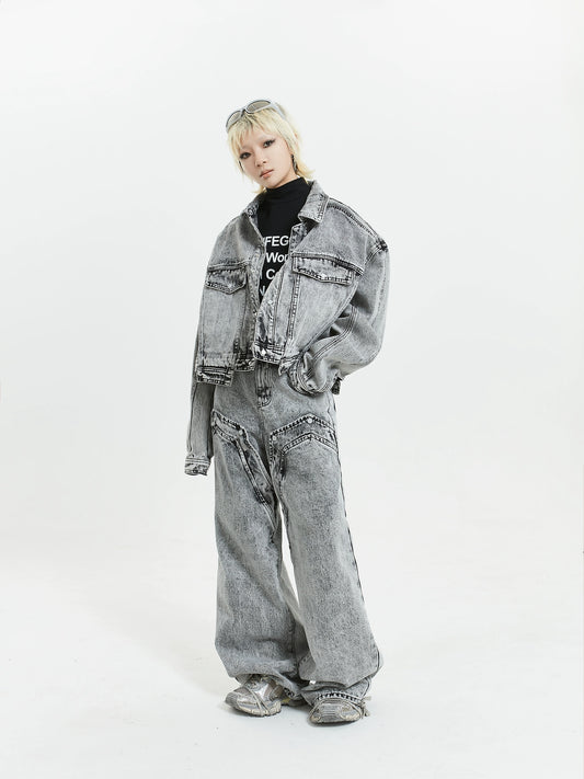 MICHINNYON Premium Deconstructed Cropped Washed Black Grey Distressed Denim Set 2024 New Men's and Women's