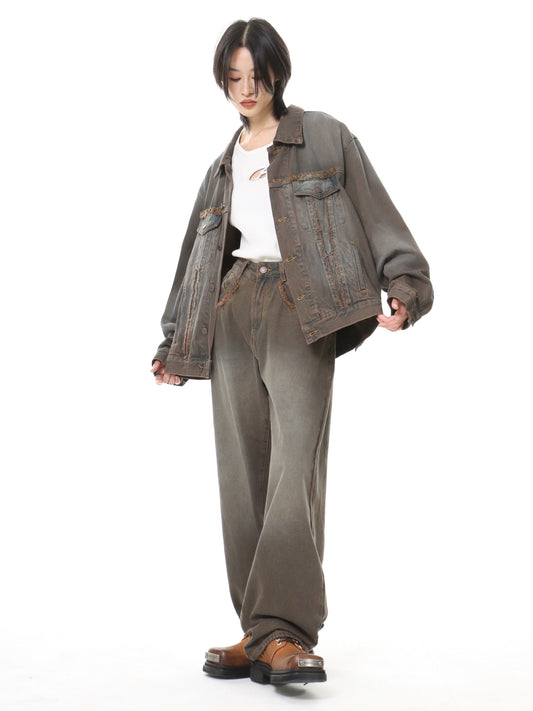 BOOGOOVOGUE hottie Maillard heavy wash old dyed vintage cropped denim jacket set