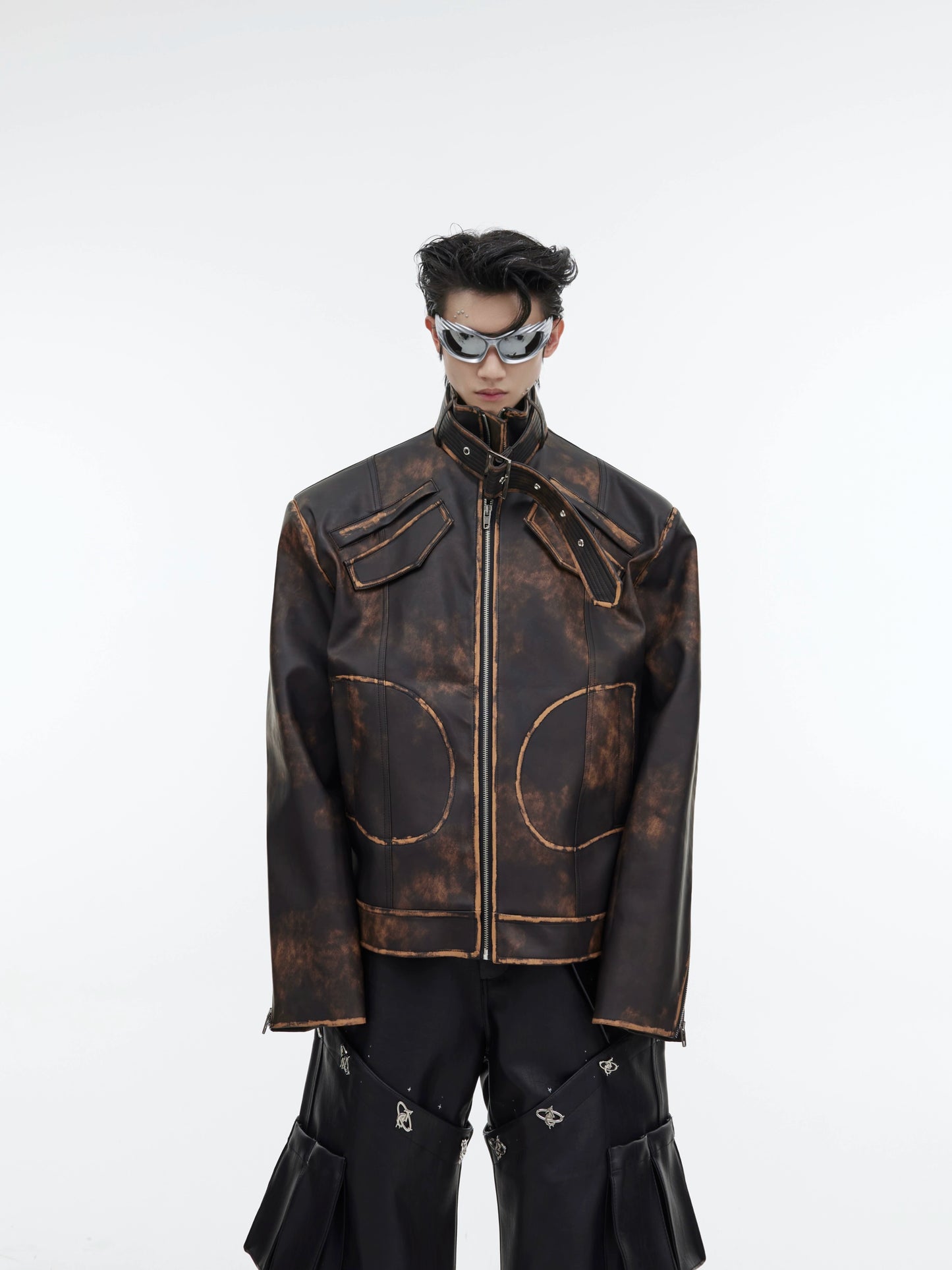 CulturE niche wasteland brown vintage distressed rubbed PU leather jacket jacket jacket loose cropped biker suit