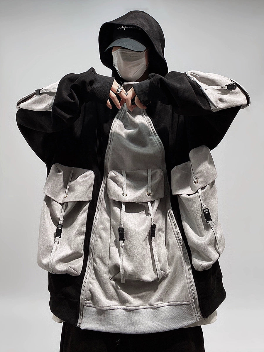 UUCSCC High Street Trendy Cargo Multi-Pocket Hooded Sweatshirt Hip Hop Plus Size Loose Zip Couple Cardigan Jacket