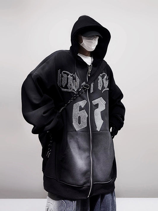 UUCSCC hip hop trendy brand american retro hooded sweatshirt loose vintage cardigan zip hoodie jacket men