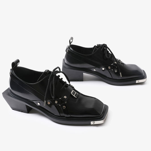 pinjiahui unisex dark block heel derby shoes square toe british style small leather shoes women's niche design sense