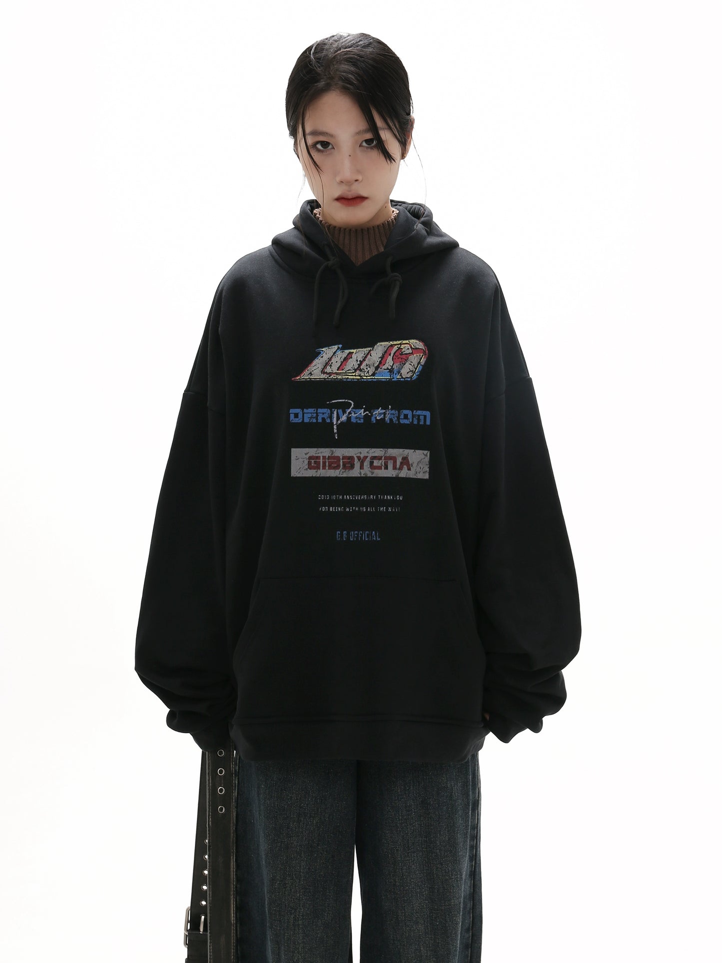 GIBBYCNA Self-control! Autumn and winter retro distressed shabby printed loose and thickened casual sweatshirt with hat