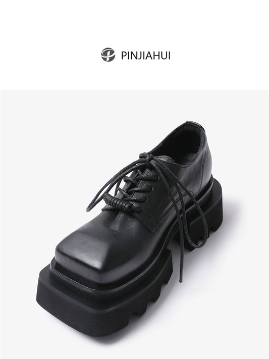 Unisex square toe small leather shoes, washed hair, cowhide derby shoes, lace-up block heel, British style platform single shoe trend