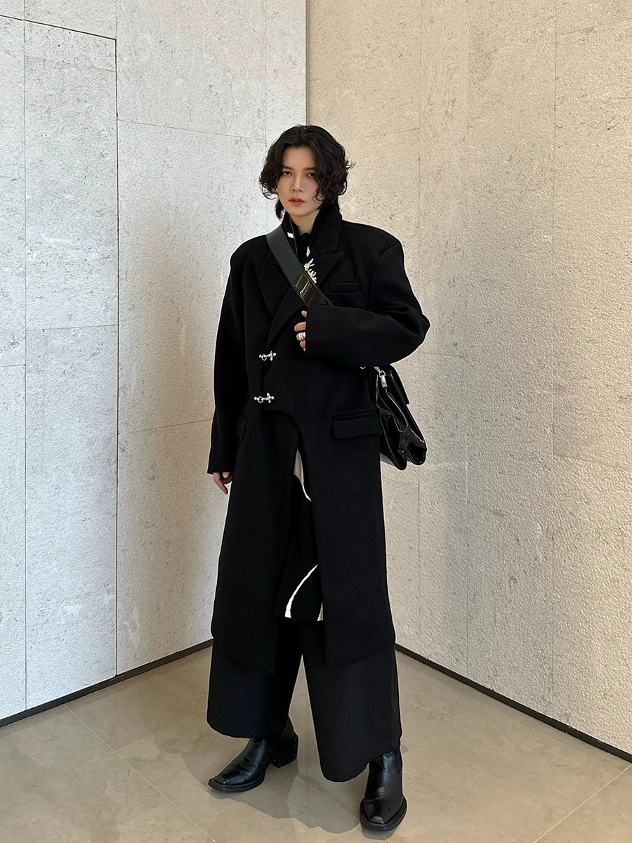 Fei homemade winter thickened long premium lapel casual woolen coat niche double metal buckle brooch trench coat