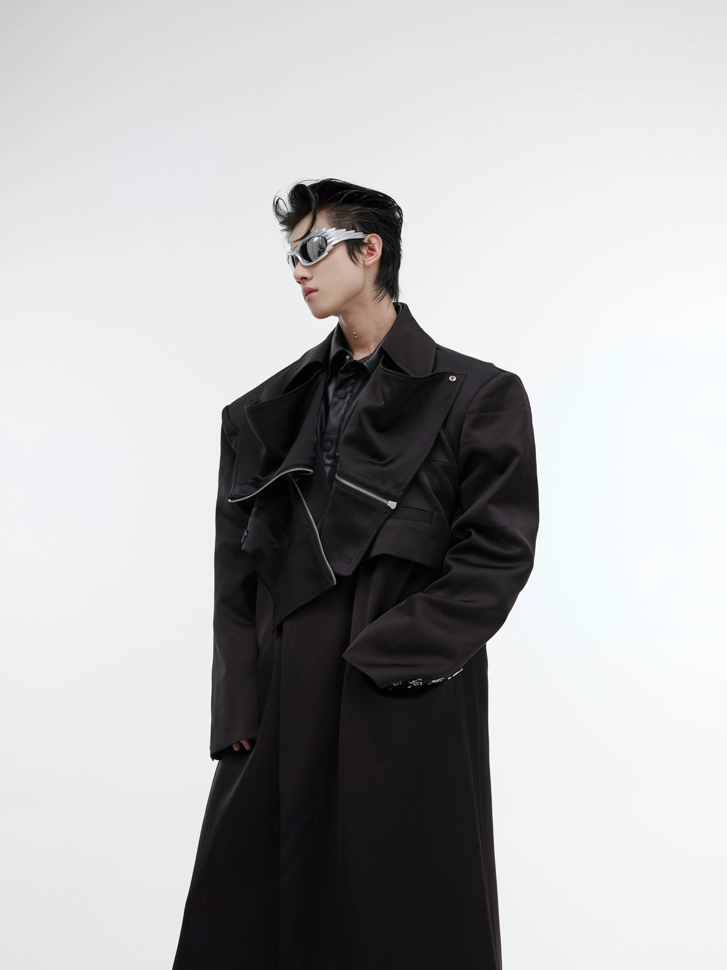 CulturE niche three-dimensional double-layered deconstructed padded shoulders long coat suit metallic design over-the-knee trench coat
