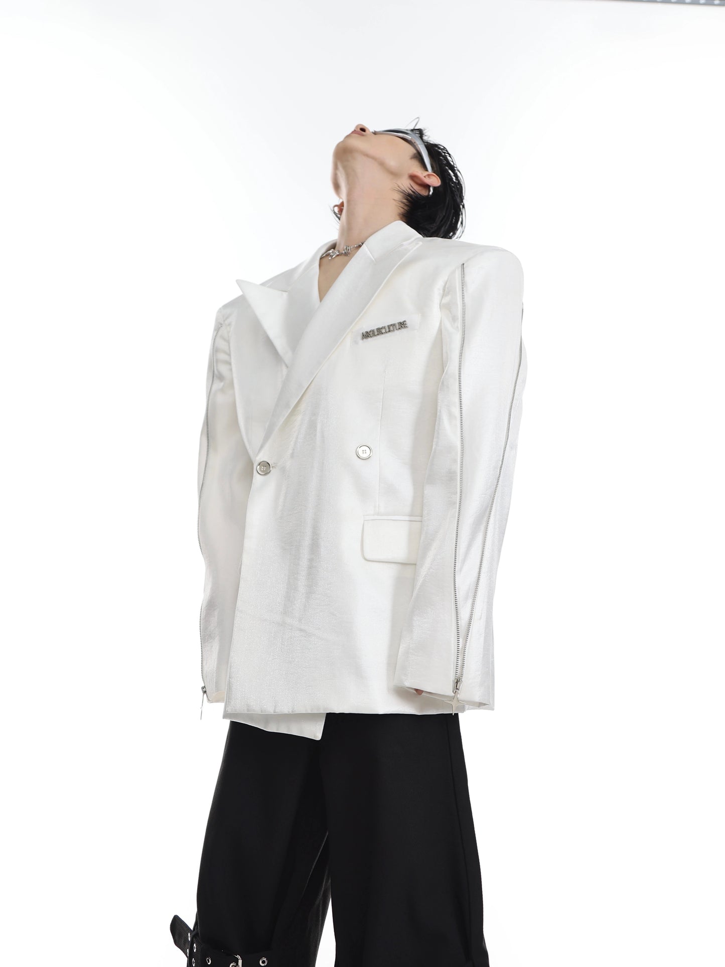 CulturE niche deconstruction liquid streamer shoulder pad silhouette suit jacket metal zipper design suit men