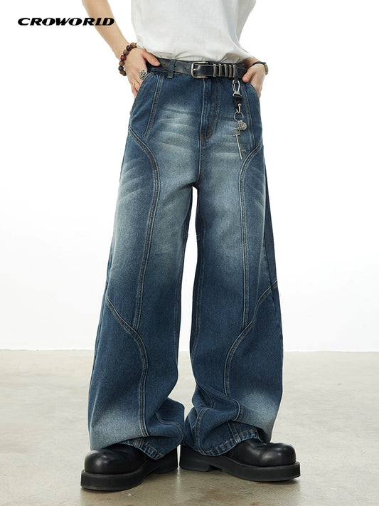 CROWORLD STITCHING, SPLITTING, WASHING, DISTRESSED STRAIGHT PANTS, MEN'S LOOSE AND VERSATILE, WIDE-LEG JEANS, WOMEN'S NEW