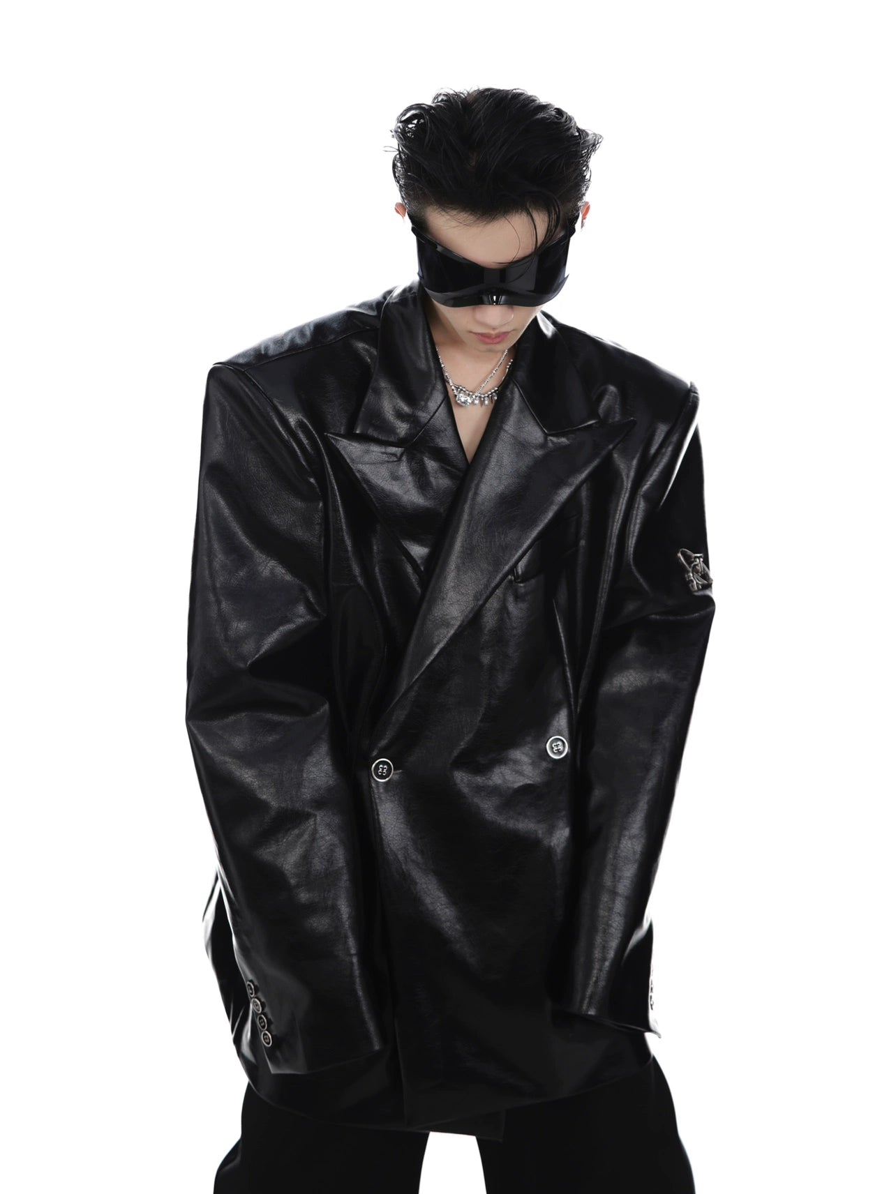 CulturE Spring Niche Three-dimensional Shoulder Pads PU Leather Suit Metal Logo Design Silhouette Blazer Leather Jacket Men