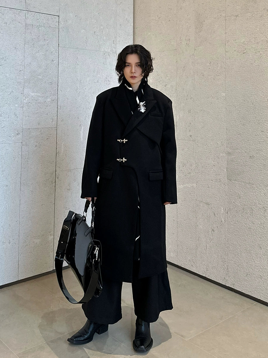 Fei homemade winter thickened long premium lapel casual woolen coat niche double metal buckle brooch trench coat