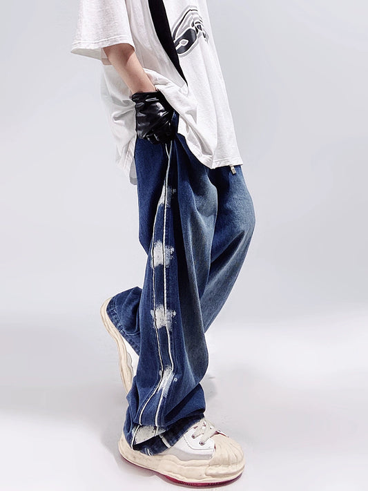 UUCSCC Hip Hop High Street Pentagram Print Jeans Japanese Vintage Loose Casual Wide Leg Mop Trousers Men