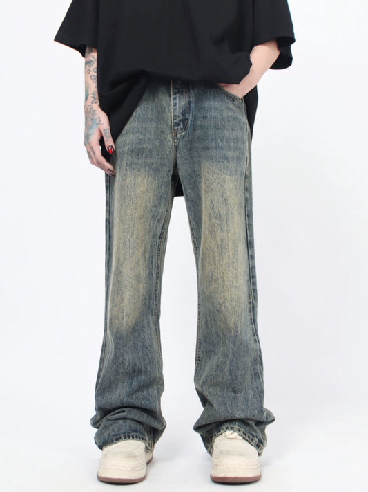 MZ American high street vintage washed distressed jeans, men's trendy straight leg slightly flared slim and versatile trousers