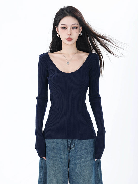 ABWEAR Fall/Winter Navy Blue Crew Neck Long Sleeve Sweater Solid Color Knitwear Women's Design Sense Threaded Base Layer Top