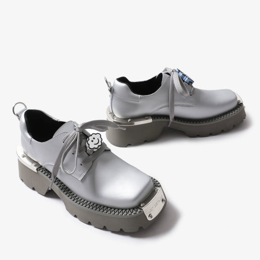 pinjiahui niche british style small leather shoes women's wasteland style metal distressed street silver platform derby shoes