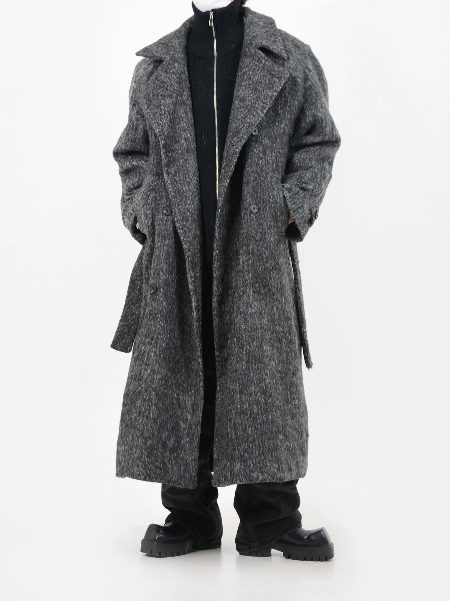 LUCE GARMENT is a deconstructed woolen coat jacket men's thickened strappy design over-the-knee trench coat