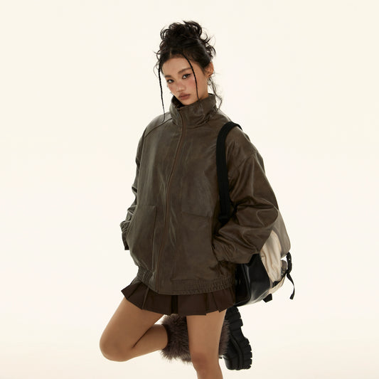 EZEK original design American retro leather jacket cotton clothing women's winter loose short washfree down padded jacket tide
