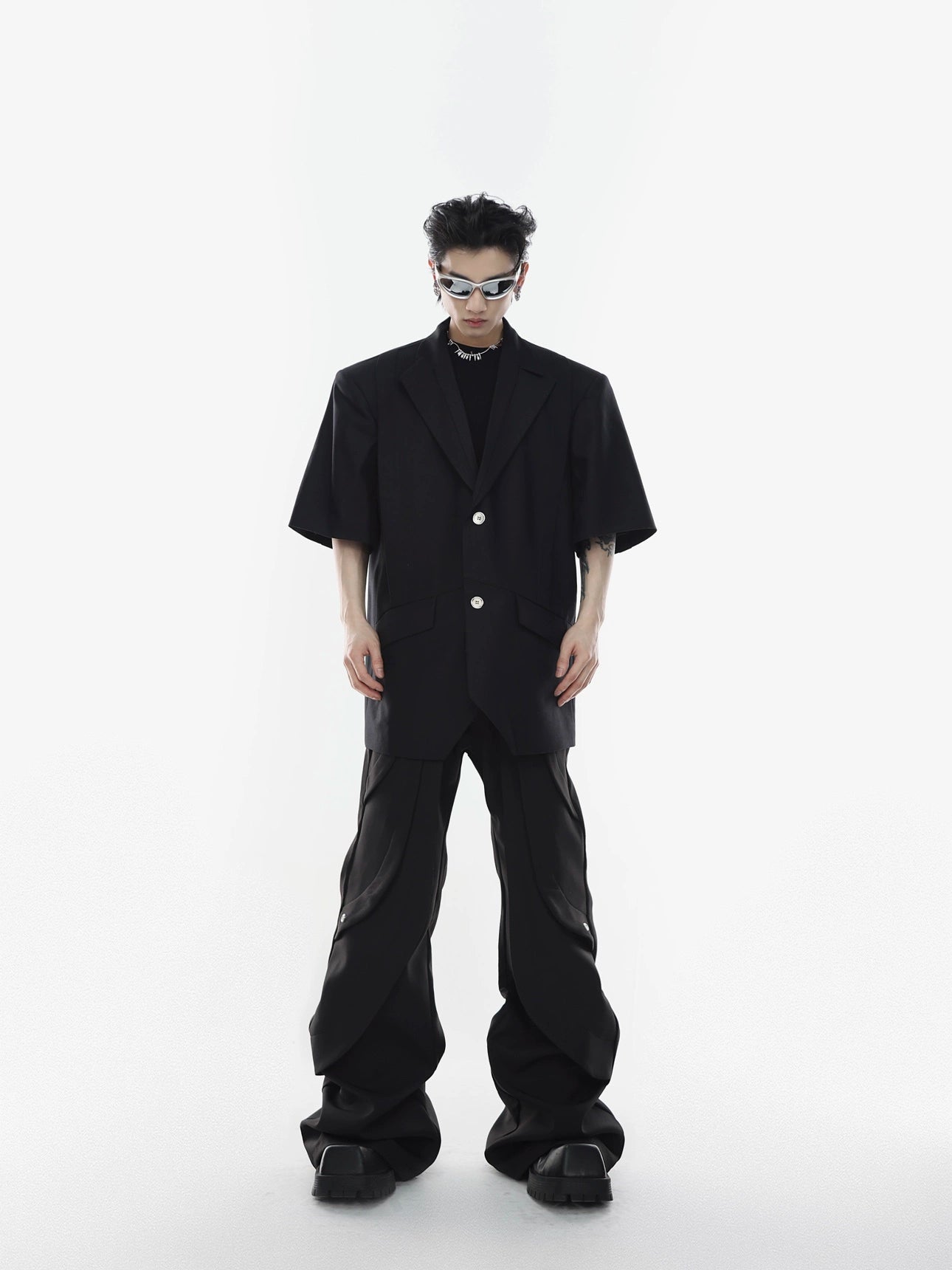 CulturE niche hand-segmented deconstructed slim-fit micro-flared trousers heavy casual pants black high-waist trousers
