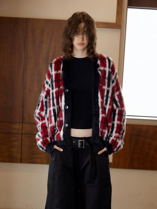 ANTERIOR LOVED×CasseSango red plaid imitation mohair cardigan loose knitted wool jacket