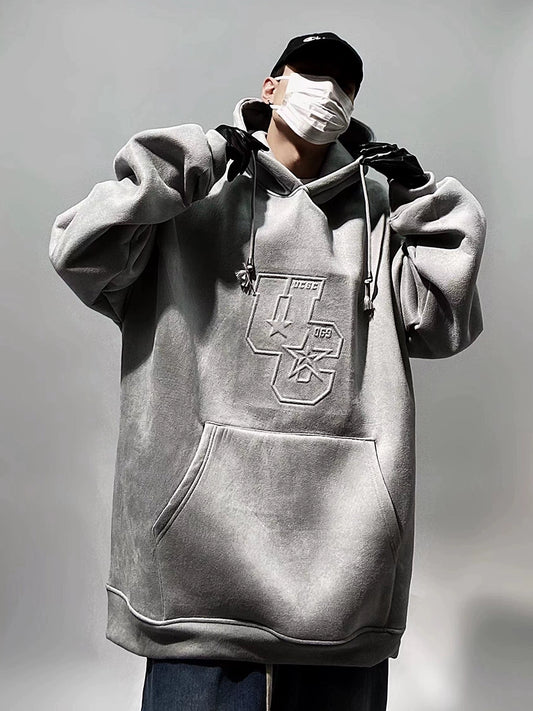 UUCSCC hip-hop trendy pullover suede embossed hooded sweatshirt loose casual basic coat hoody for men