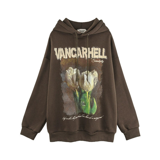 VEG Dream American retro tulip plus velvet hooded sweatshirt for men and women ins high street couple hoodie autumn and winter