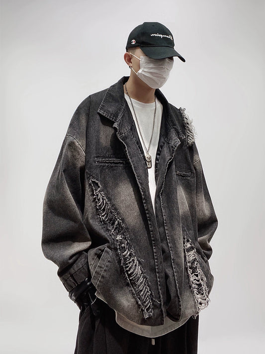 UUCSCC American hip-hop trendy brand ripped distressed denim jacket loose large size casual retro baseball jersey jacket