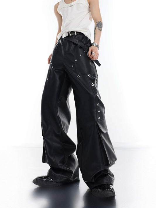 CulturE niche metal willow ice embellished cargo leather trousers, large pocket panels, wide leg pants, loose trousers