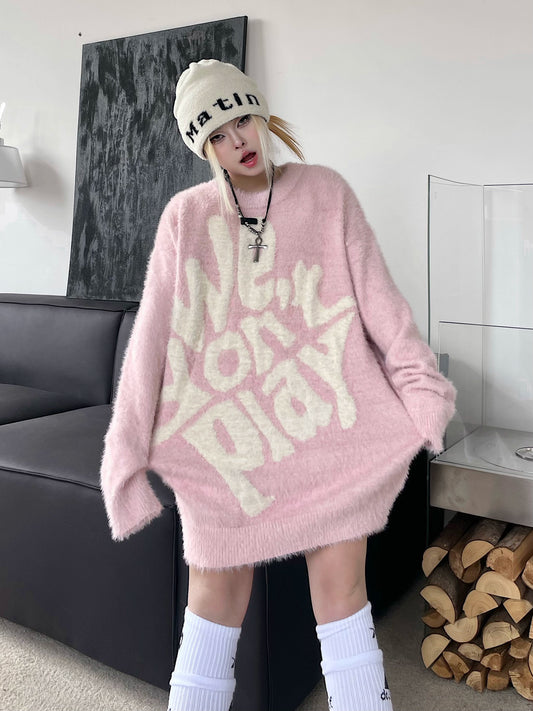 TRB American Street Lettered Jacquard Imitation Mink Crewneck Knitwear Autumn and Winter Lazy Style, Niche Couple Sweater Trend