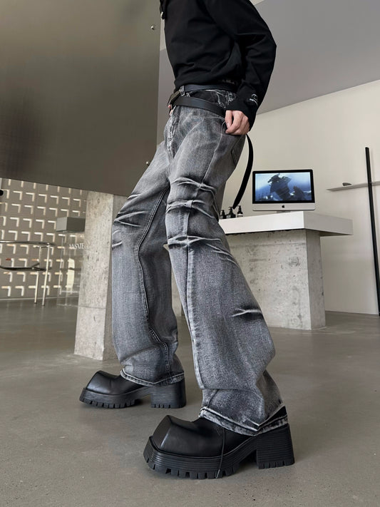 MARTHENAUT niche irregularly pressed pleated texture design smoke gray jeans trendy brand premium pants