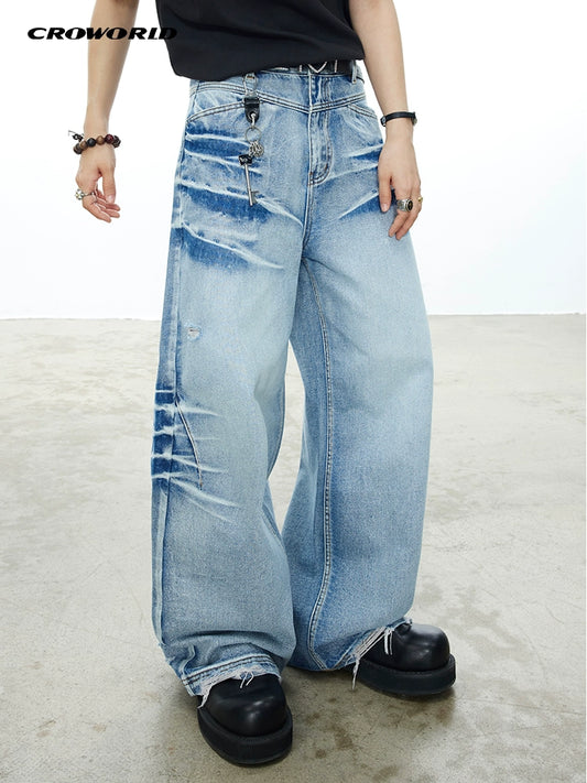 CROWORLD VINTAGE DISTRESSED WASH STITCHED STRAIGHT JEANS WITH LOOSE WIDE-LEG TROUSERS