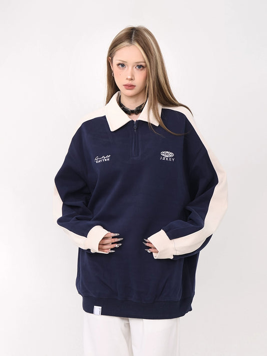 61OT PEARTH American retro college style polo collar half-zip sweatshirt loose trendy brand women's spring and autumn new style