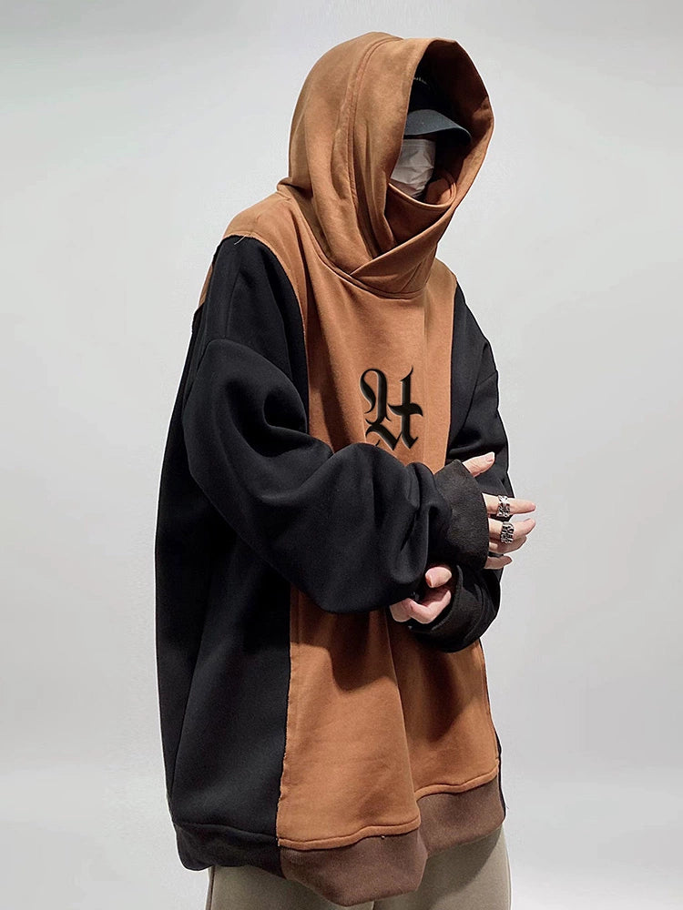 UUCSCC hip-hop trendy brand stitching contrasting pullover hooded sweatshirt couple loose enlarged fleece thickened hoodie men