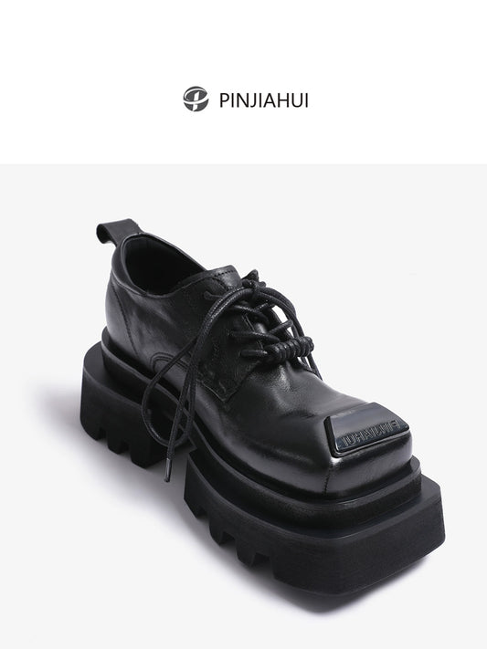 Pinjiahui platform flatform loafers 2024 spring British style top layer washed cowhide heightened small leather shoes