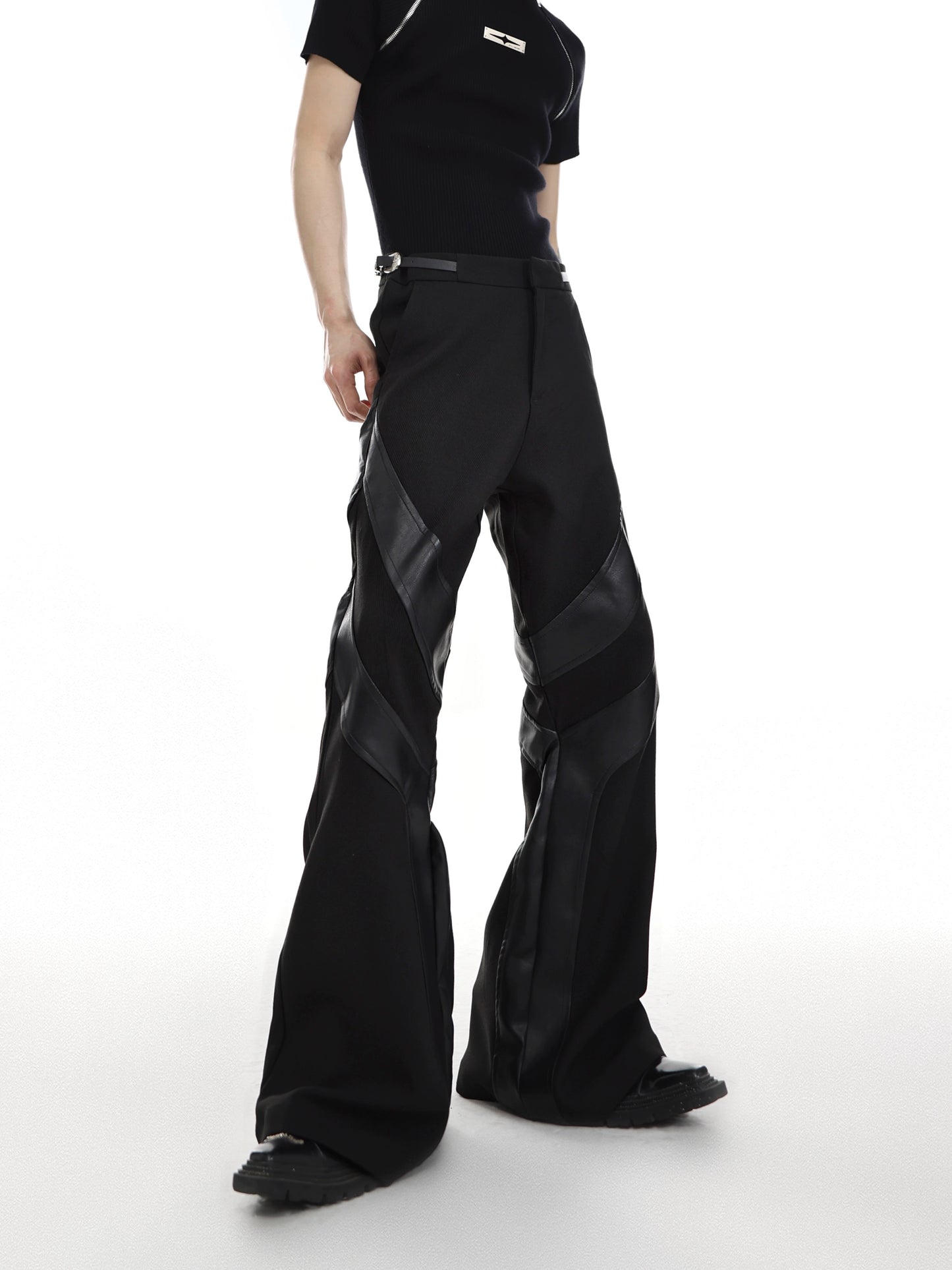 CulturE niche deconstructs spliced micro-flared trousers, belt buckle design sense casual pants, three-dimensional striped trousers