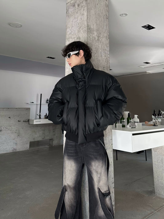 MARTHENAUT niche design sense PU leather shiny short bread jacket padded thickened cotton jacket high-end top