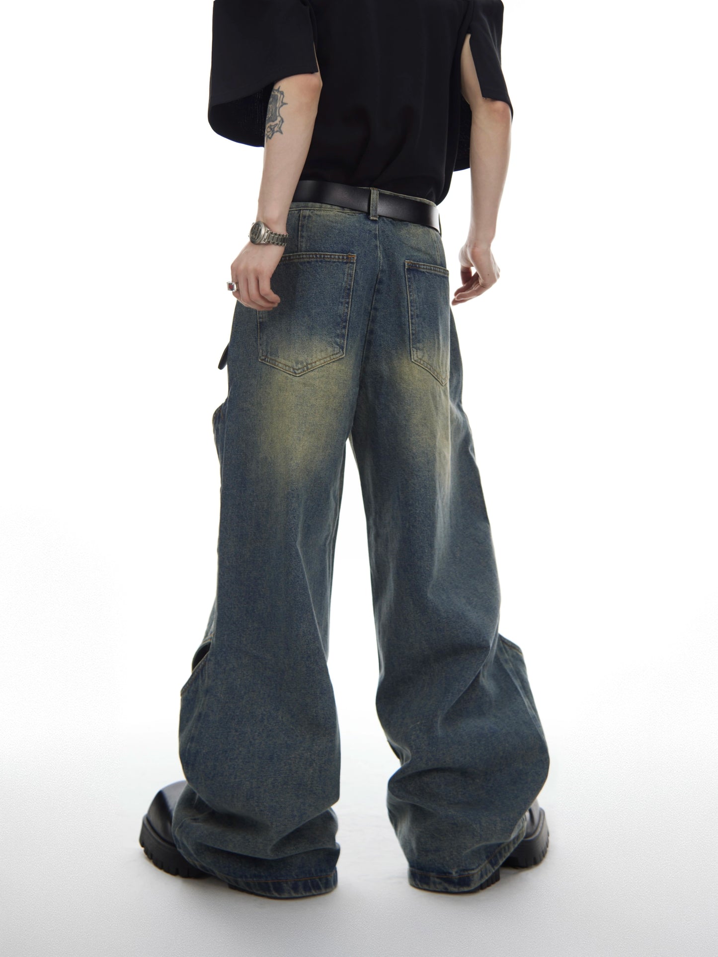 CulturE niche deconstructed metal button design wide-leg jeans heavy industry hollow loose straight-leg pants men