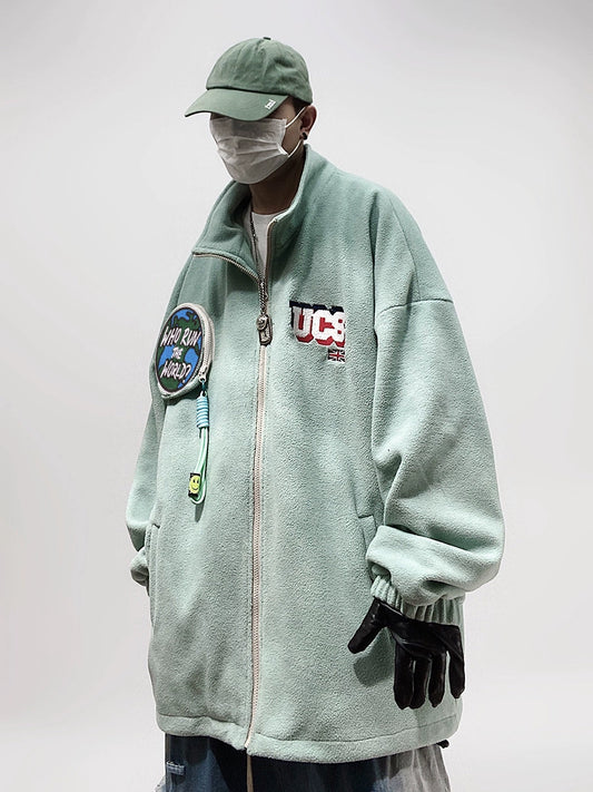 UUCSCC Winter American Hip Hop Trendy Brand Fleece Cotton Jacket Loose Fleece Thickened Lambswool Jacket Men