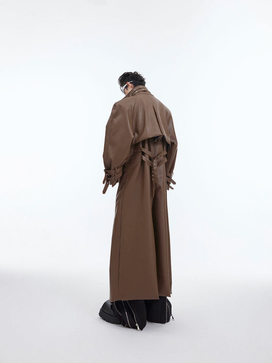 CulturE is a heavyweight, niche deconstructed metal-locked, designed, leather coat silhouette, trench coat, and over-the-knee long coat