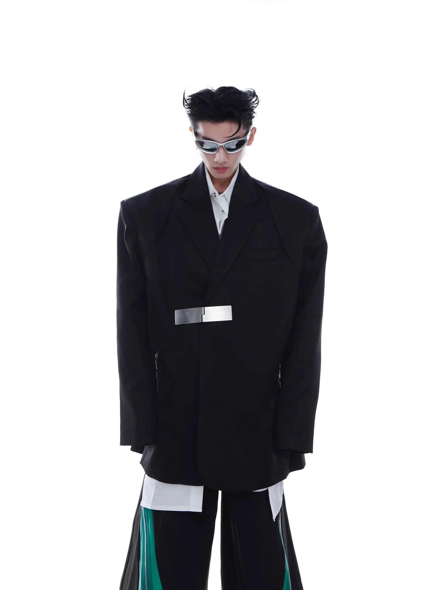 Cultur E24s niche metal snap design padded shoulder blazer jacket zipper panel ice silk fabric suit