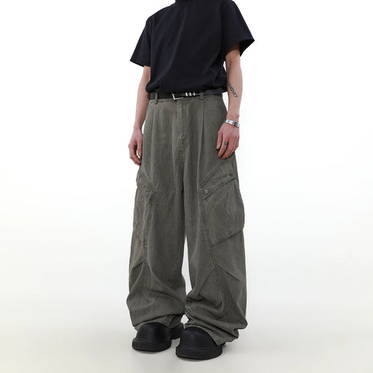MRNEARLY American Vintage Washed Pleated Large Pocket Jeans Loose Wide Leg Cargo Pants