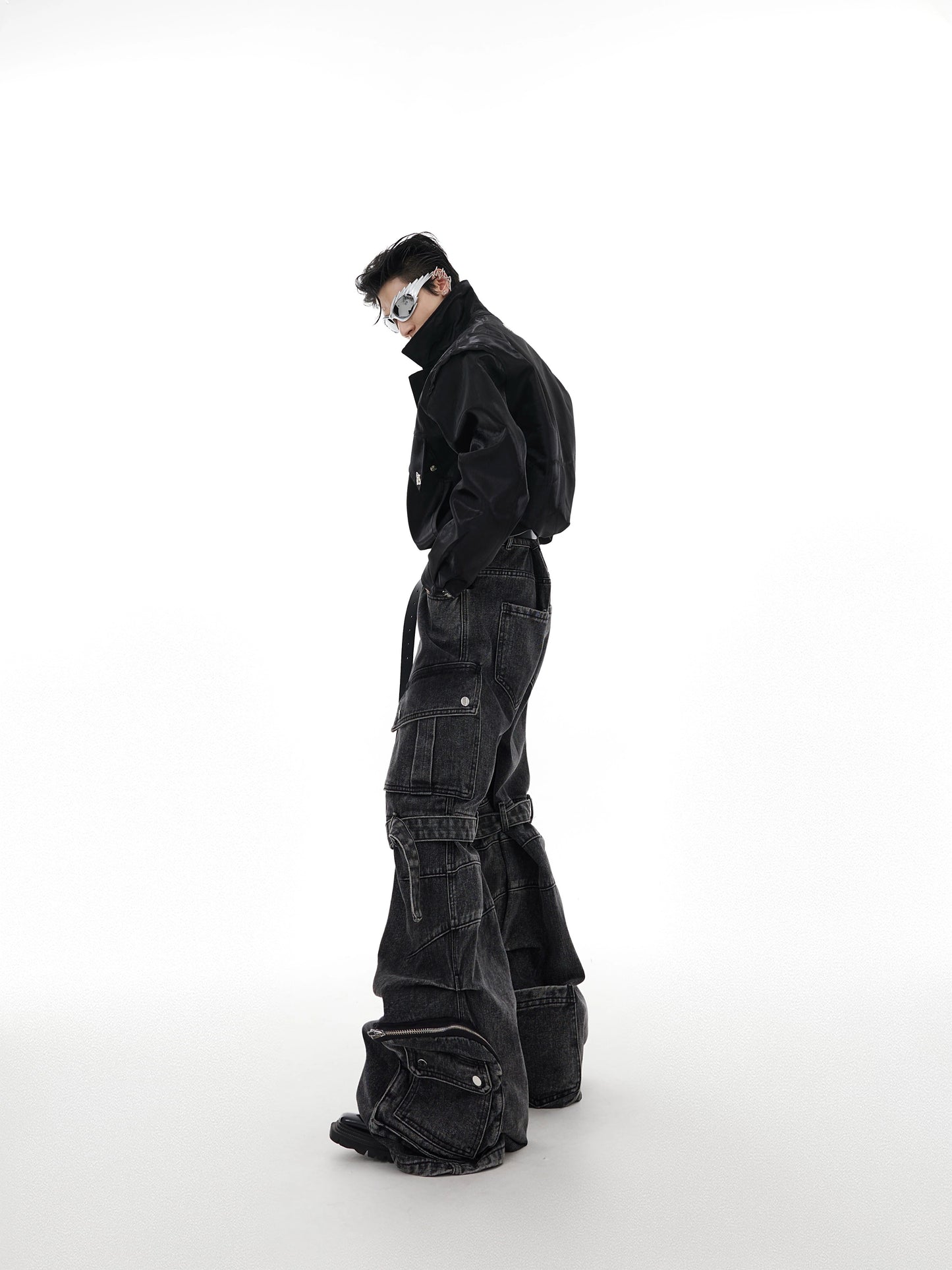 CulturE Niche Heavy Wash Deconstructed Multi-pocket Jeans Three-Dimensional Lace Design Wide Leg Cargo Pants