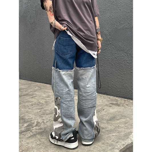 CROWORLD heavy craft camouflage stitched jeans men's straight and loose European and American high street fashion brand retro dad pants