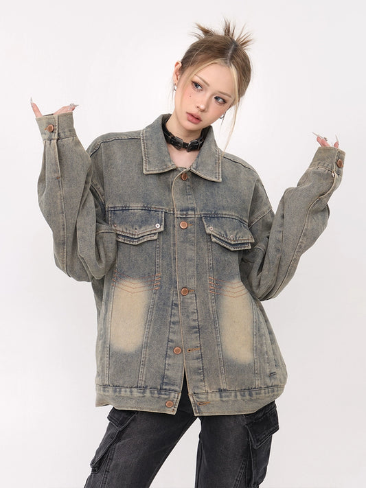 61OT PEARTH American Retro Trendy Brand Wash Distressed Loose Denim Jacket Women's 2024 Spring and Autumn New Style