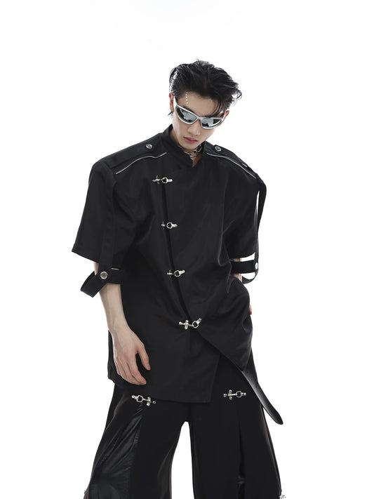 CulturE Niche Deconstruction New Chinese Style Shoulder Pad Short Sleeve Jacket Metal Buckle Design Sense Jacket Liquid Cardigan Men