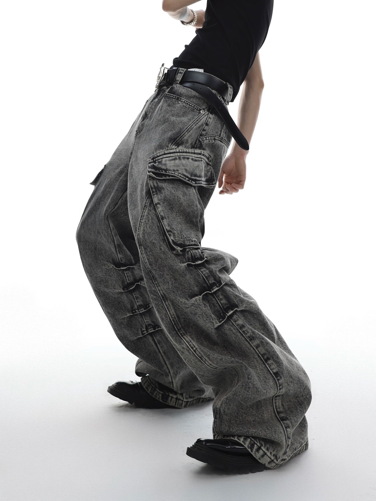 CulturE Minority Heavy Industry Wrinkle Washed Micro Horn Jeans Large Pocket Design Casual Wide Leg Pants Men