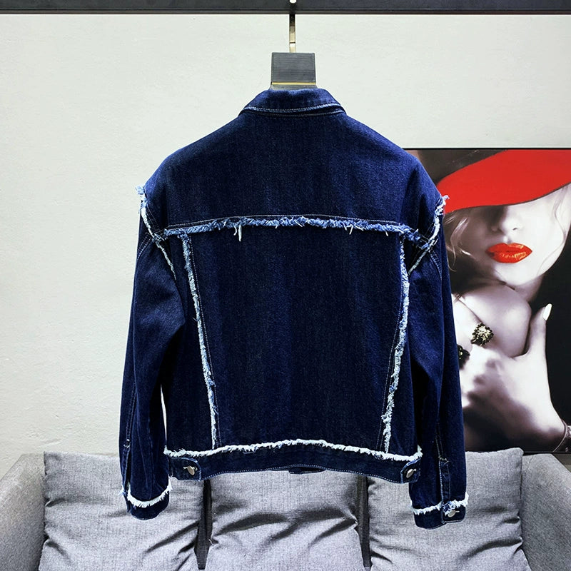 New design: raw shoulders, padded shoulders, long-sleeved denim jacket, men's autumn and winter, new lapel casual cropped jacket top