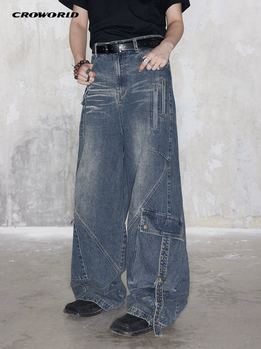 CROWORLD Multi-Pocket Heavy Jeans Retro Deconstructed Whiskering Wash Loose Straight Wide Leg Pants Unisex