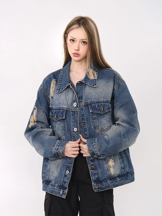 61OT PEARTH American Retro High Street Loose Wash Distressed Denim Jacket Women's Tide Spring and Autumn New Style