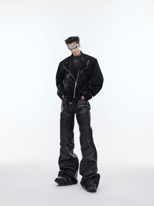 CulturE Heavy Industries niche deconstructed three-dimensional panelled punk leather trousers, metal zippers, and bootcut casual trousers